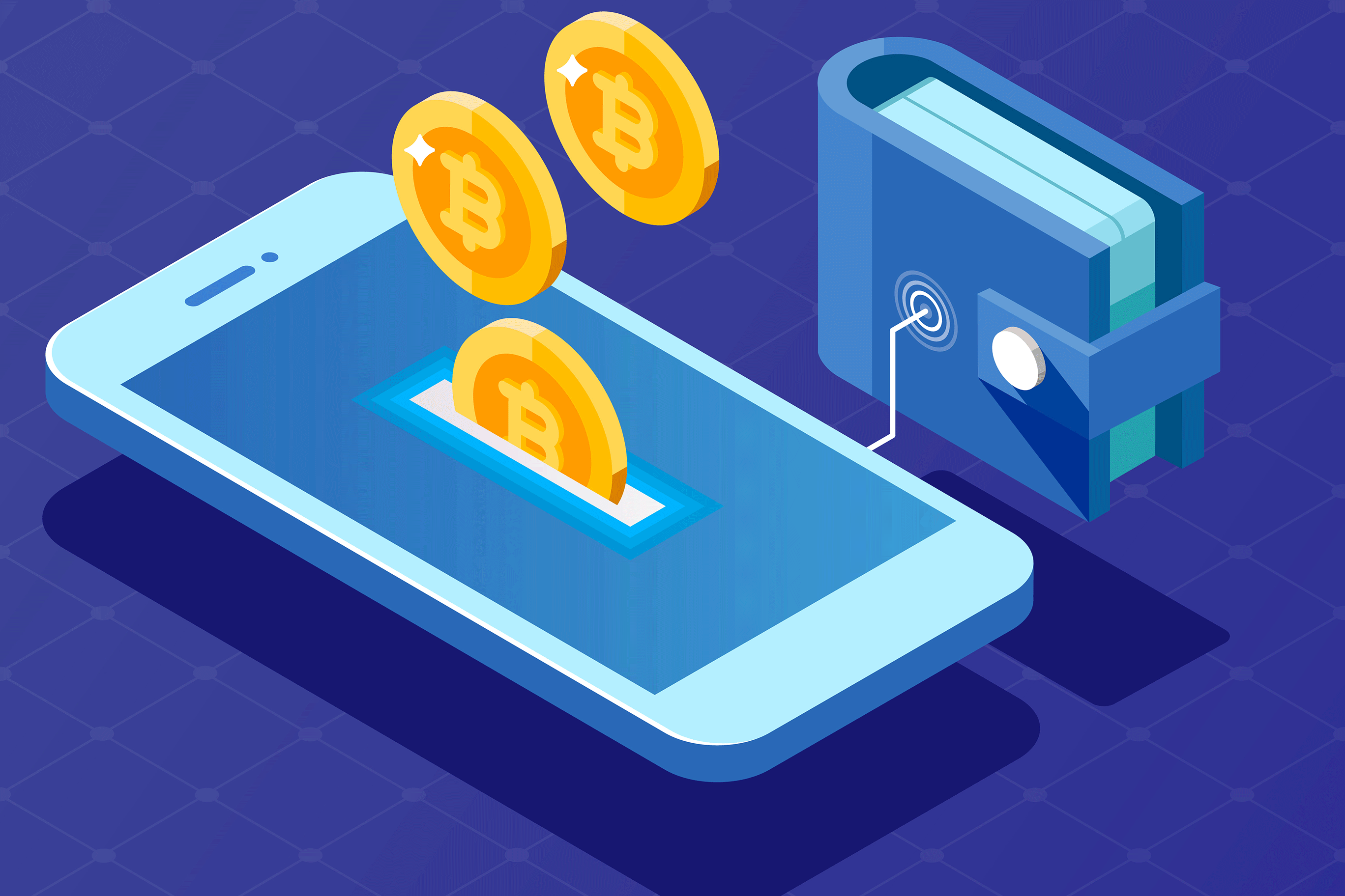 Wallet with bitcoin being deposited into phone